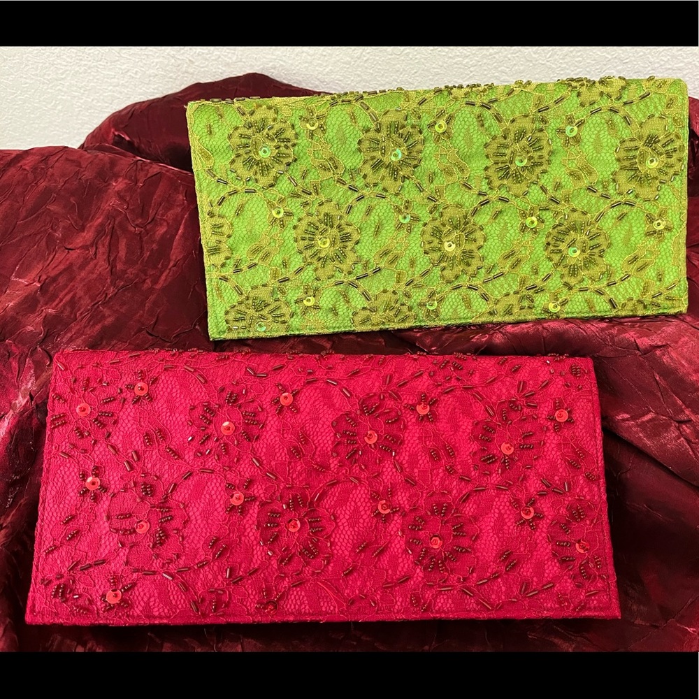 Beaded satin evening lace overlay clutch purses apple green and red snap closure